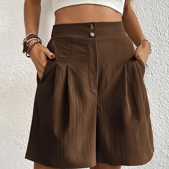 Pantalones cortos de mujer - Cintura alta - Pierna ancha - Pliegues elegantes - Bolsillos laterales