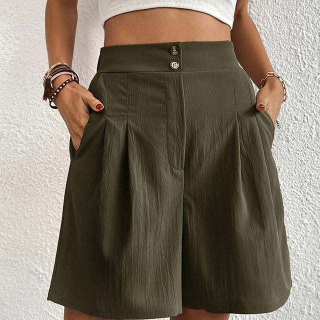 Pantalones cortos de mujer - Cintura alta - Pierna ancha - Pliegues elegantes - Bolsillos laterales