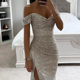 Vestido de noche para mujer - Hombros descubiertos - Abertura - Entallado - Lentejuelas elegantes