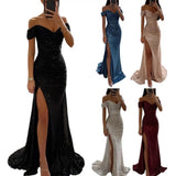 Vestido de noche para mujer - Hombros descubiertos - Abertura - Entallado - Lentejuelas elegantes