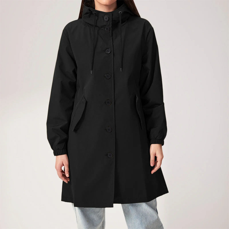 Gabardina de mujer – Repelente al agua – Corte holgado – Capucha – Largo hasta la rodilla