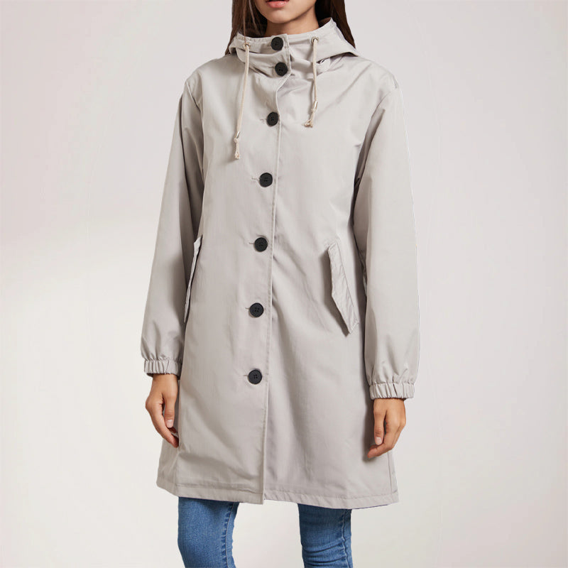 Gabardina de mujer – Repelente al agua – Corte holgado – Capucha – Largo hasta la rodilla
