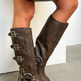 Botas de mujer - Piel sintética lisa - Hasta la rodilla - Tacón de cuña