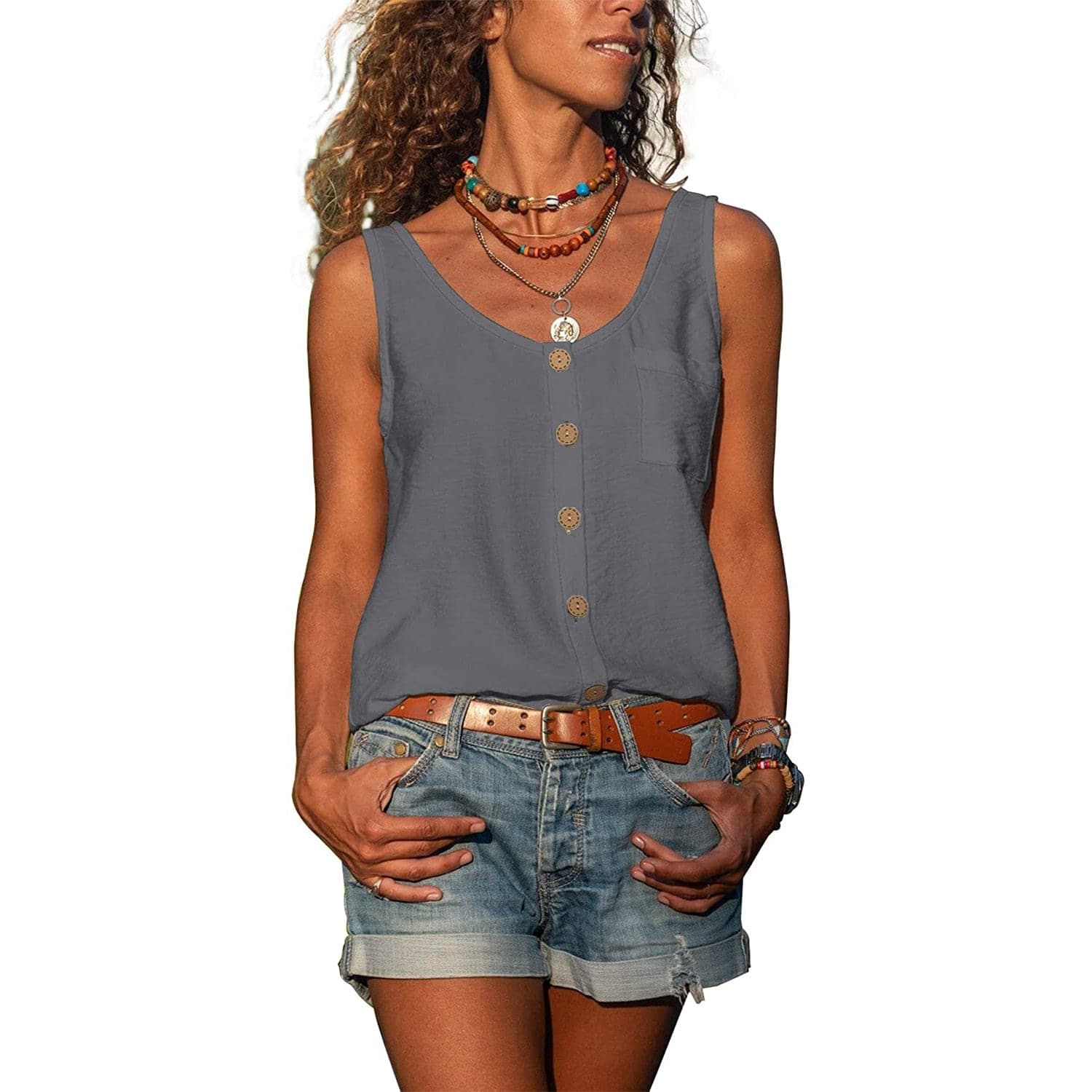 Top de mujer - Sin mangas - Abotonado - Corte holgado - Estilo casual