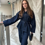 Conjunto de dos piezas: chaqueta vaquera y pantalón con cinturón para la oficina