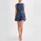 Conjunto vaquero de dos piezas, shorts sin mangas y cuello redondo, estilo oficina