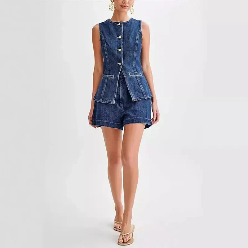 Conjunto vaquero de dos piezas, shorts sin mangas y cuello redondo, estilo oficina