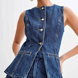 Conjunto vaquero de dos piezas, shorts sin mangas y cuello redondo, estilo oficina
