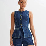 Conjunto vaquero de dos piezas, shorts sin mangas y cuello redondo, estilo oficina