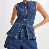 Conjunto vaquero de dos piezas, shorts sin mangas y cuello redondo, estilo oficina