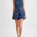 Conjunto vaquero de dos piezas, shorts sin mangas y cuello redondo, estilo oficina