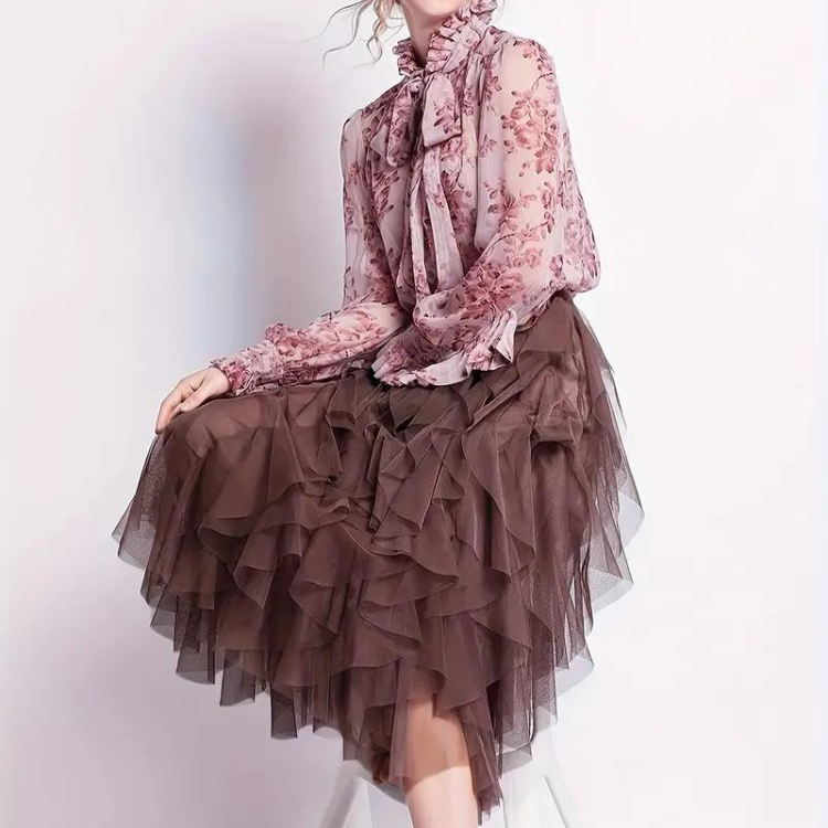 Falda midi de mujer – Cintura alta – Tul ligero – Volantes en capas – Corte fluido