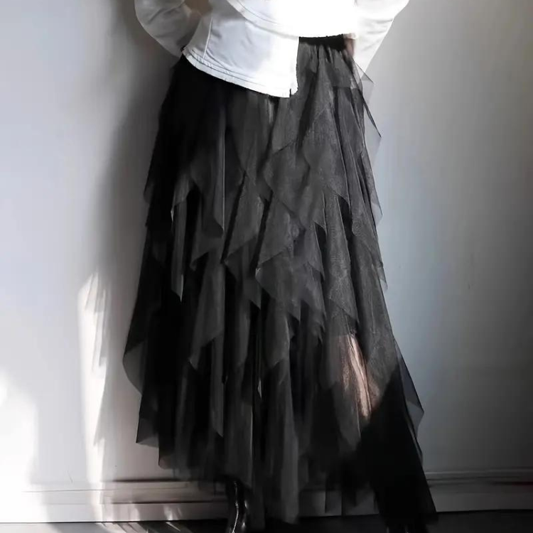 Falda midi de mujer – Cintura alta – Tul ligero – Volantes en capas – Corte fluido