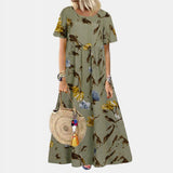 Vestido largo para mujer - Corte holgado - Mangas cortas - Cuello redondo - Estampado floral