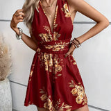 Mono corto para mujer – Sin mangas – Cuello en V – Cintura ajustada – Estampado floral