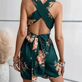 Mono corto para mujer – Sin mangas – Cuello en V – Cintura ajustada – Estampado floral