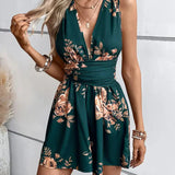 Mono corto para mujer – Sin mangas – Cuello en V – Cintura ajustada – Estampado floral