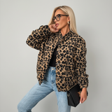 Chaqueta de mujer – Piel sintética – Corte holgado – Estampado de leopardo – Botones a presión