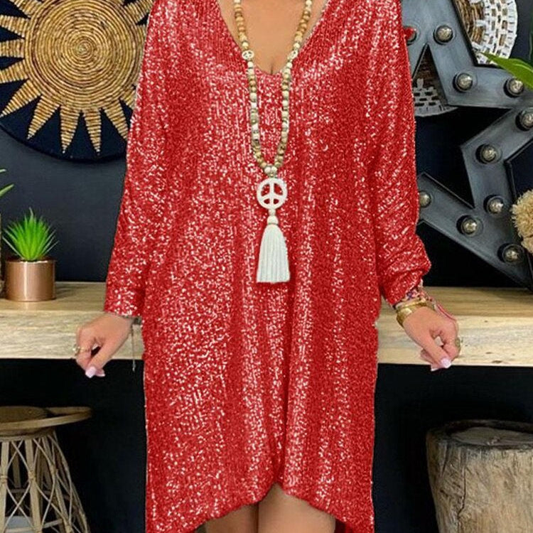 Vestido de noche para mujer – Corte holgado – Escote en pico – Mangas largas – Bajo asimétrico – Tejido con lentejuelas