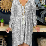 Vestido de noche para mujer – Corte holgado – Escote en pico – Mangas largas – Bajo asimétrico – Tejido con lentejuelas