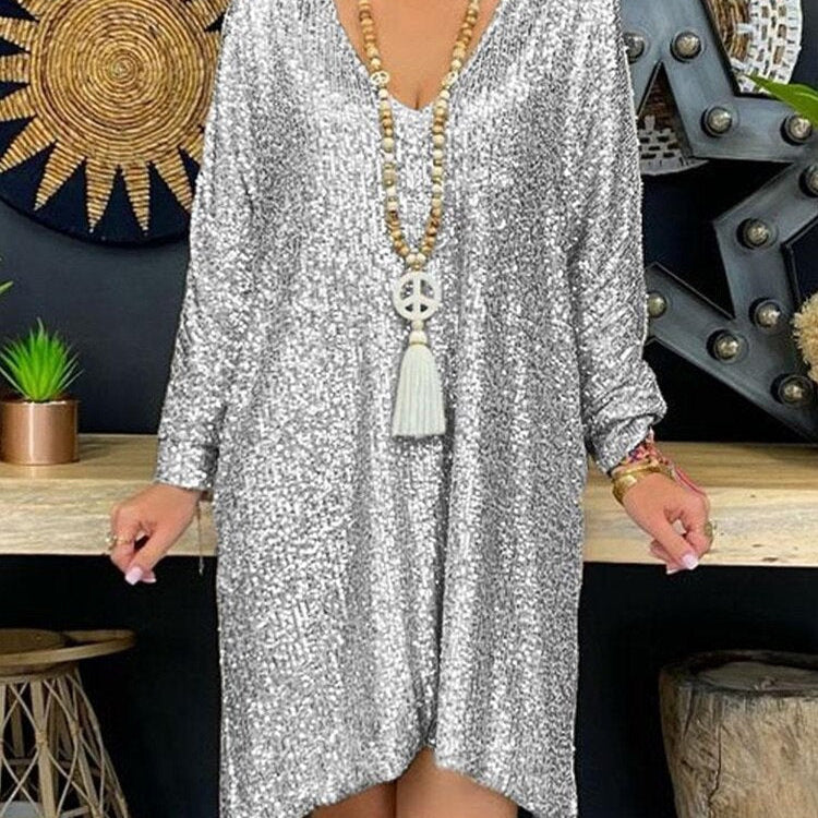 Vestido de noche para mujer – Corte holgado – Escote en pico – Mangas largas – Bajo asimétrico – Tejido con lentejuelas