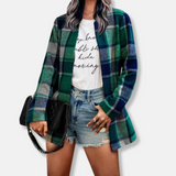 Abrigo tipo cárdigan de mujer – Corte oversize – Efecto lana – Estampado de cuadros – Manga larga