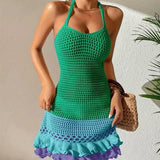 Vestido playero de crochet con volantes, tricolor y espalda descubierta para mujer