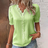 Blusa de mujer – Corte holgado – Mangas abullonadas – Cuello en V de encaje – Tejido transpirable