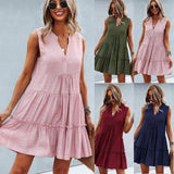 Vestido sin mangas para mujer - Corte acampanado - Volantes de moda - Cuello en V fluido