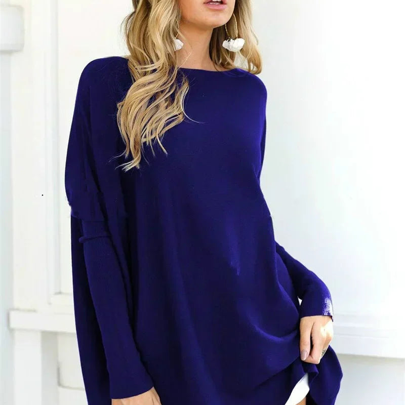 Suéter de mujer – Tejido suave – Corte holgado – Largo tipo túnica – Cuello redondo