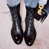 Botas de piel para mujer - Punta puntiaguda - Tacón bajo - Cordones ajustables - Cómodas