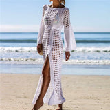 Vestido de playa para mujer – Punto fino calado – Corte fluido – Abertura alta – Mangas largas