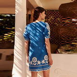 Vestido corto para mujer - Bordado floral - Mangas abullonadas - Corte casual ajustado