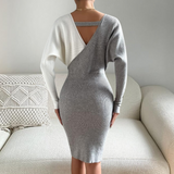 Vestido de suéter para mujer - Corte ajustado - Cuello en V cruzado - Mangas largas abotonadas