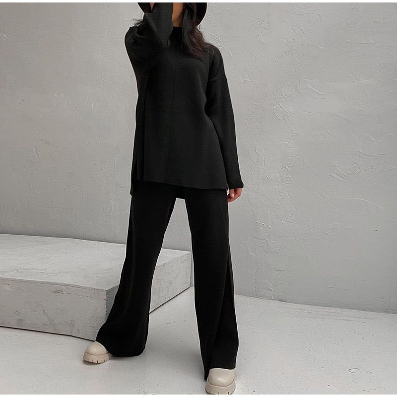 Conjunto de ropa de estar por casa para mujer – Punto suave – Corte holgado – Top de cuello redondo y pantalones de pierna ancha