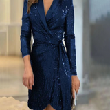 Vestido de mujer – Estilo cruzado – Mangas largas – Cuello en V – Lentejuelas elegantes