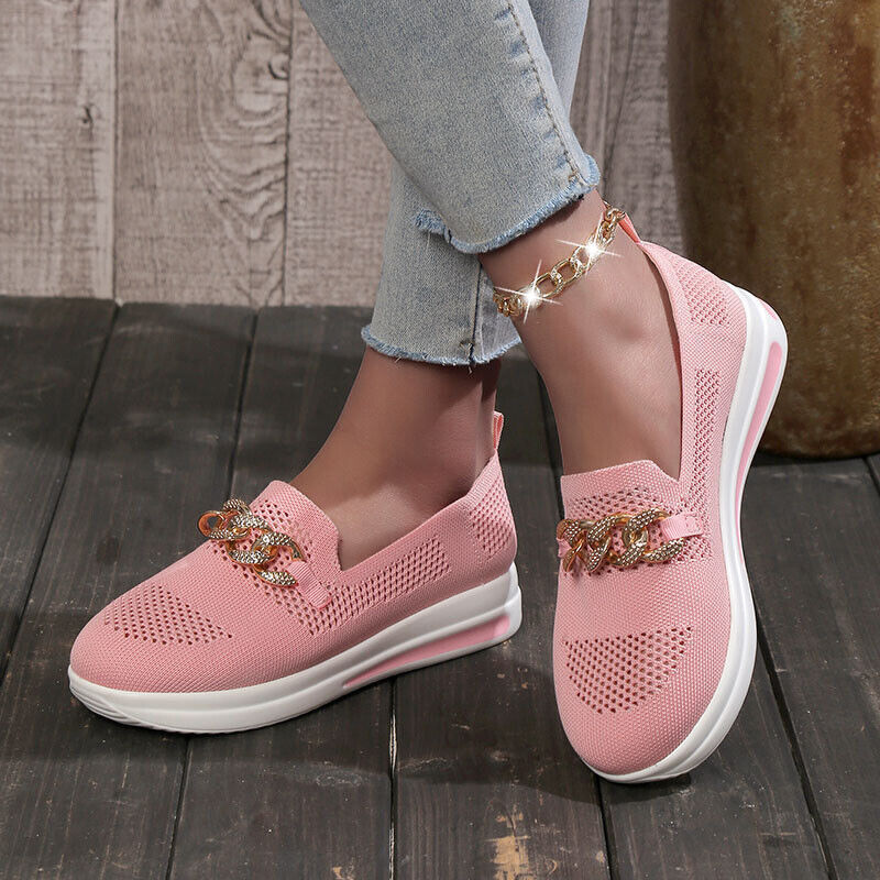 Zapatillas sin cordones para mujer - Tejido transpirable - Suela gruesa y cómoda - Cadena decorativa