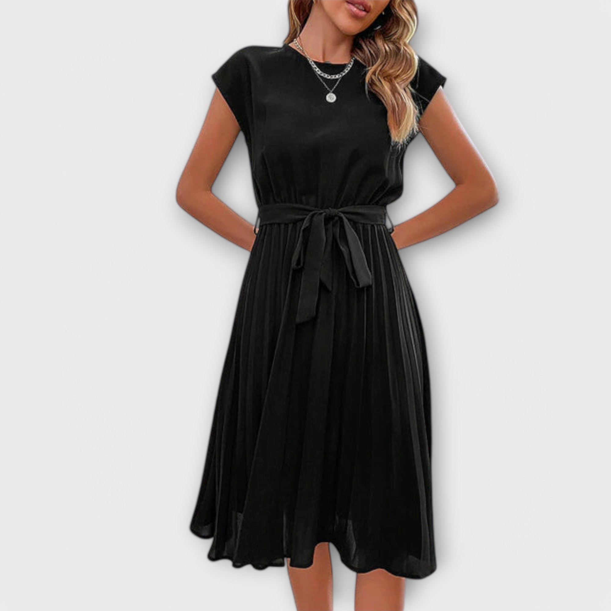 Claire - Vestido midi casual de manga corta plisado