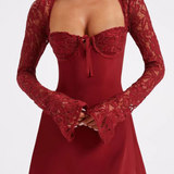 Minivestido de mujer – Corte entallado – Mangas largas de encaje – Escote corazón