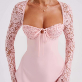 Minivestido de mujer – Corte entallado – Mangas largas de encaje – Escote corazón