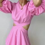 Vestido corto de mujer - Mangas abullonadas - Corte ajustado con lazo - Falda evasé con volantes