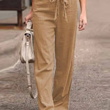 Pantalón ancho de mujer – Cintura alta – Fibras naturales – Cinturón para atar – Largo completo