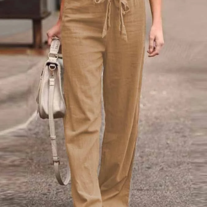 Pantalón ancho de mujer – Cintura alta – Fibras naturales – Cinturón para atar – Largo completo