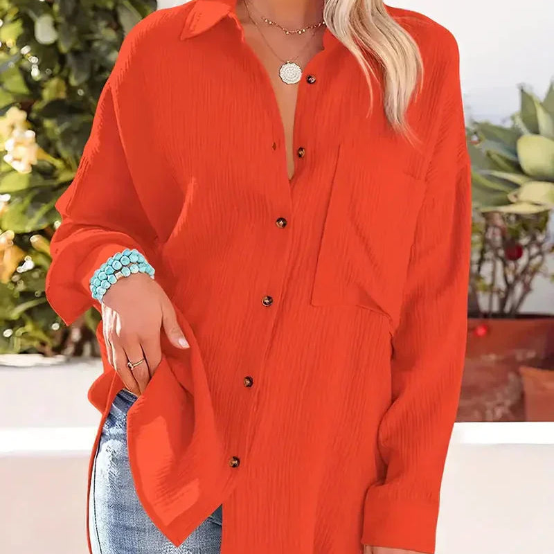 Blusa de mujer – Corte relajado – Tejido ligero y arrugado – Mangas largas remangadas