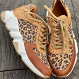 Zapatillas de mujer - Piel y ante - Estampado animal - Suela gruesa - Cordones ajustables