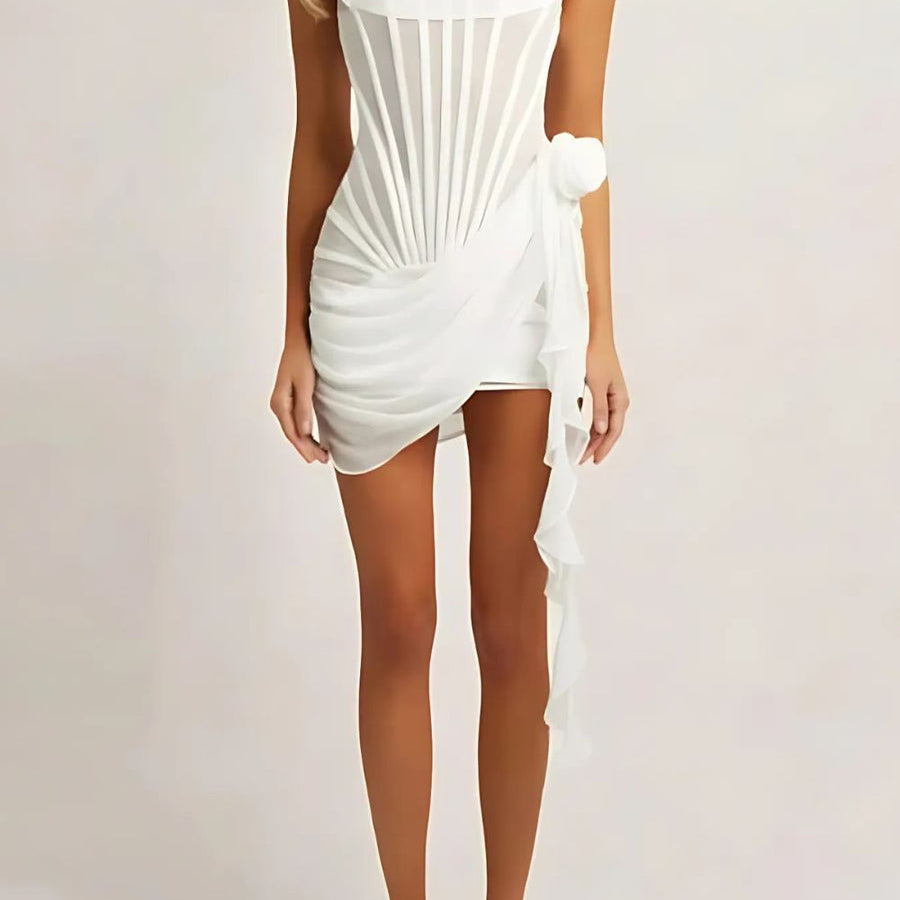 Vestido mini de mujer – Sin tirantes – Corsé estructurado – Tejido ligero – Detalles drapeados