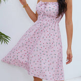 Vestido de tirantes finos para mujer - Escote cuadrado - Estampado floral - Corte acampanado