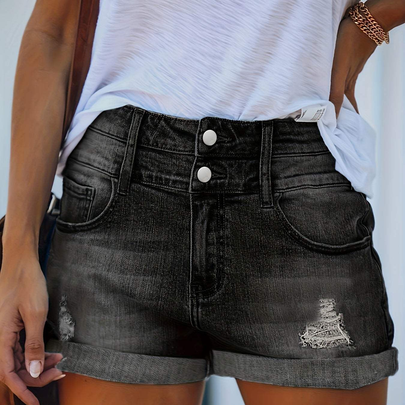 Shorts vaqueros para mujer - Cintura alta - Dobladillo vuelto - Estilo vintage casual