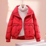 Chaqueta acolchada para mujer – Corte holgado – Corta – Cuello alto – Bolsillos con solapa