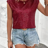 Blusa de mujer – Corte holgado – Tejido lujoso – Mangas cortas – Lentejuelas brillantes